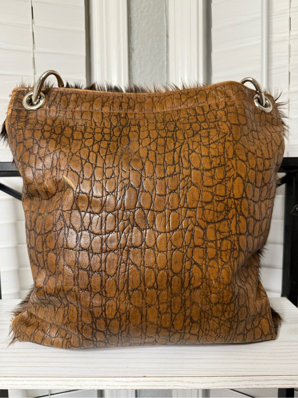 Faux Fur Brown Shoulder Bag with Turquoise Stone Accents - Picture 6 of 8
